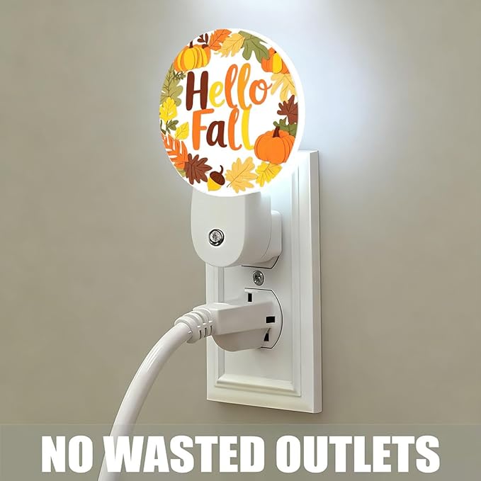 Mugod Hello Fall Plug-in Nightlights Autumn Leaves Maple Pumpkin Night Light Plug into Wall with Dusk-to-Dawn Sensor LED Lighting 0.5W Sleep-Friendly