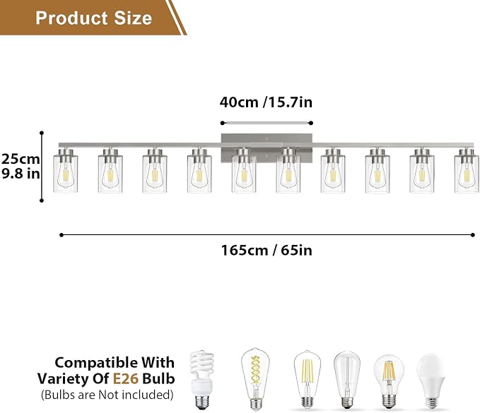 IZORRO Modern Bathroom Light Fixtures, 10 Light Brushed Nickel Vanity Lights, Bathroom Lighting Fixtures Over Mirror with Clear Glass for Living Room Cabinet Bedroom