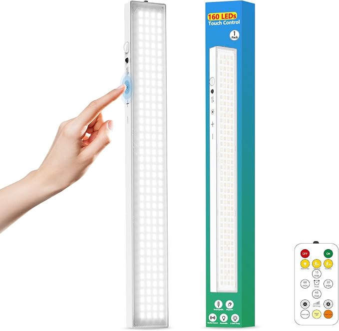 12" Under Cabinet Lights Wireless Rechargeable, Motion Sensor, 1Pack, White | Touch & Remote Control丨160 bright LEDs丨4000mAh Battery丨Dimmable 3 color temps丨Magnetic install for kitchen counter, closet