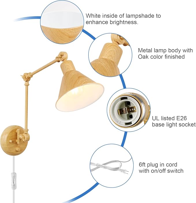 TRLIFE Wall Sconces Plug in, Dimmable Wall Sconces Set of 2 Swing Arm Wall Lights Plug in Wall Mounted Light Industrial Wall Lights with 6FT Plug in Cord, E26 Base, UL Listed(Oak Color)