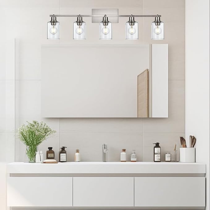 5 Light Track Lighting Kit Brushed Nickel Kitchen Track Lighting | Ceiling Wall Mount Rotatable Directional Spotlight with Clear Glass Shades, for Kitchen Island, Bathroom, Bedroom