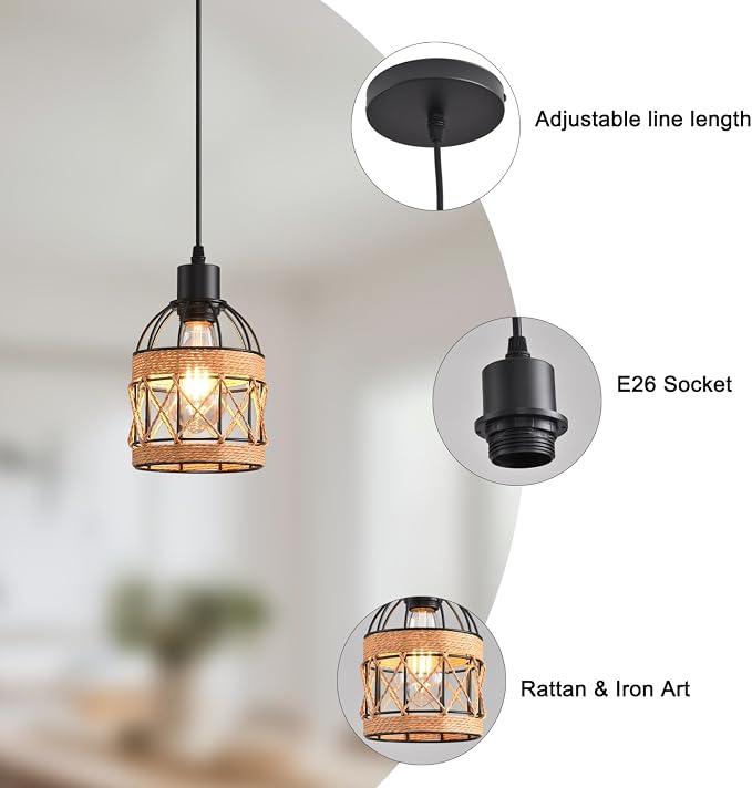 Farmhouse Pendant Light Fixture, Black Pendant Lights for Kitchen Island Industrial Lantern Pendant Light Fixtures with Light Shade, Adjustable Height Hanging Pendant Lighting