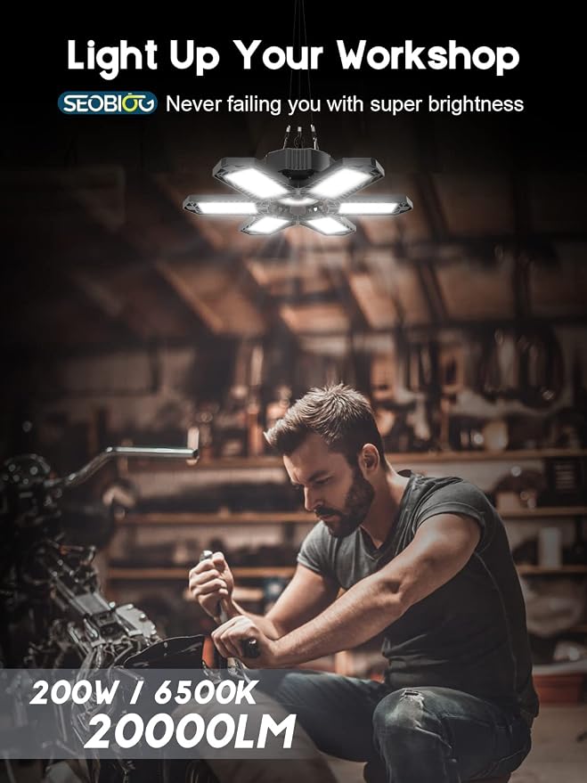 LED Garage Lights 6 Pack, 20000LM Plug in Shop Light Bay Lighting 6500K | 200W Ultra Bright, Linkable Design, 6 Deformable LED Panels, for Garage workshop Basement