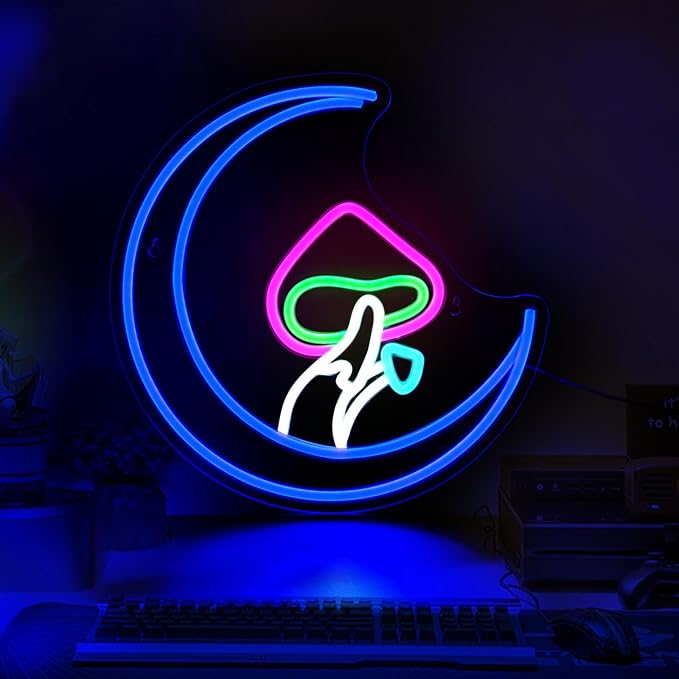 Mushroom Moon Neon Sign, JGHTURIE Cute Led Neon Signs for Wall Decor Blue Light Up Sign for Room, Living Room, Home, Bar Signs, Party, USB Powered