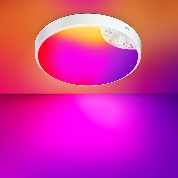 Rechargeable Motion Sensor Ceiling Light, 12000mAh RGB Battery Closet Light | Wireless Battery Powered LED Shower Light, Magnetic Cordless Ceiling Light with Remote, Overhead Lamp for Pantry Shed Hallway