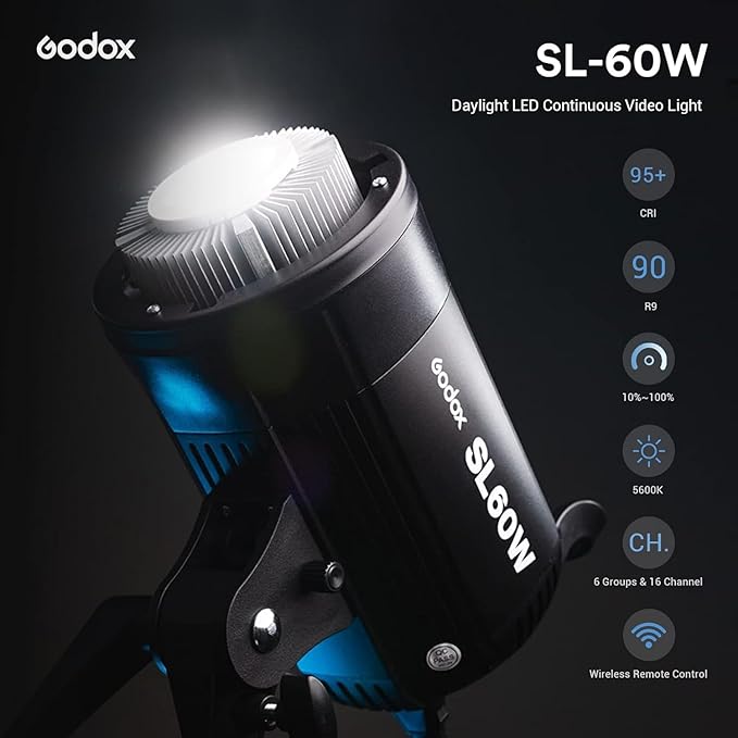 Godox SL-60W SL60W Daylight Led Video Light, 5600K Bright Studio Led Light, CRI95+Qa>90,Wirelessly Adjust Brightness,Bowens Mount LED Continuous Light for Video Recording Wedding Outdoor Photography