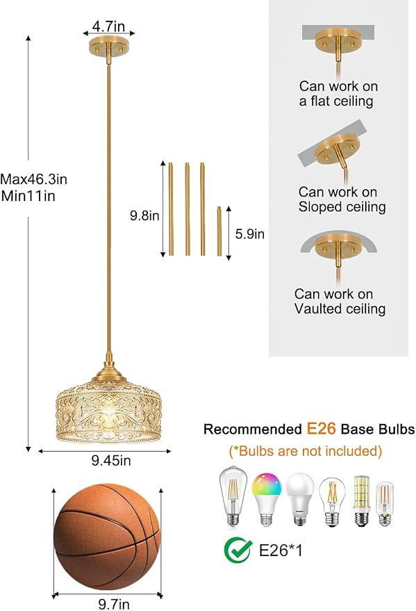 Brushed Gold Vintage Pendant Light Amber Glass Island Lights for Kitchen | Height adjustable hanging light fixture kitchen, 90-degree swivel, 2-in-1 ceiling light and pendant light, E26 bulb base