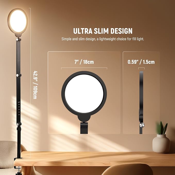 NEEWER Basics 18W 7" Desktop Ring Light with Stand for Desk, Video Conference Streaming Recording Makeup Selfie Computer Laptop Zoom Lighting, Full Screen LED Circle Ringlight with Arm & C Clamp, R18