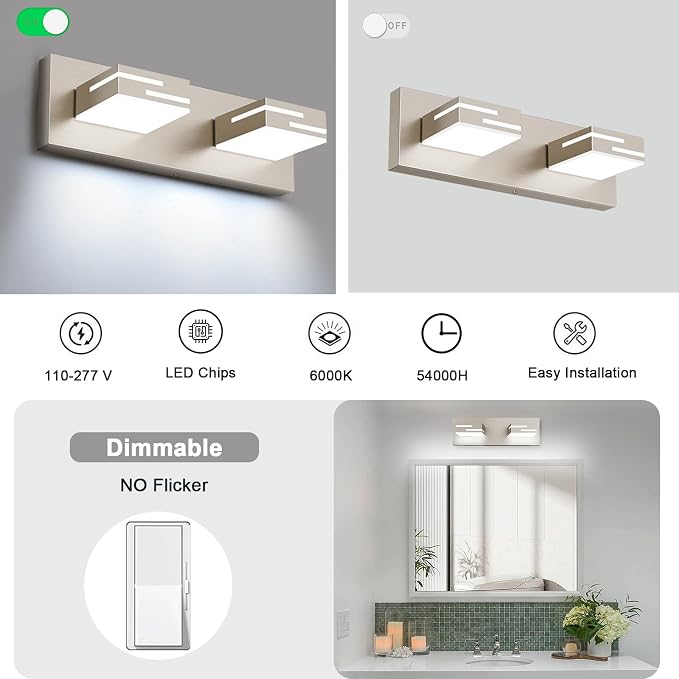 LED Modern Bathroom Vanity Light Fixtures, Dimmable Brushed Nickel Vanity Lights for Bathroom Lighting Fixtures Over Mirror, with 360° Rotatable Acrylic Heads 2-Light 16-inch (Cool White 6000K)