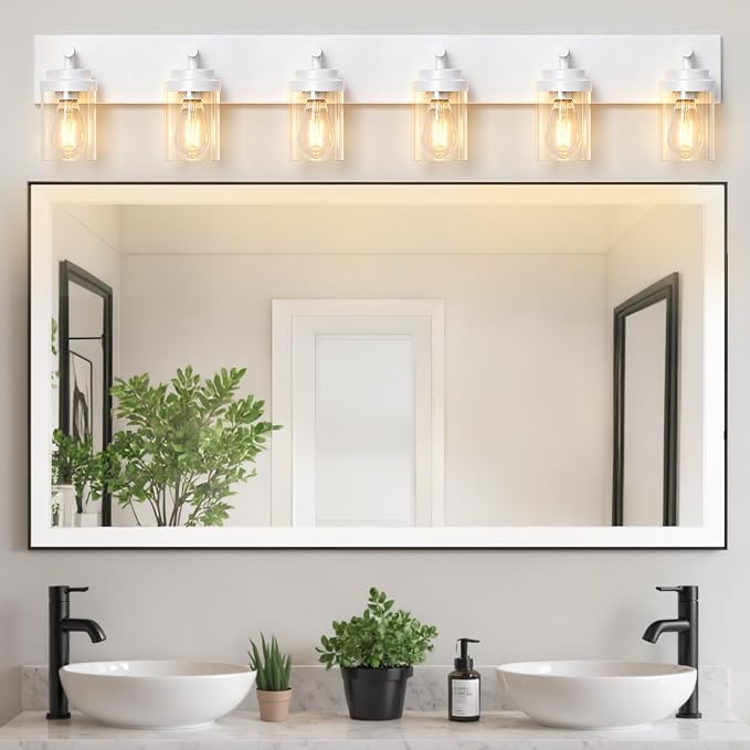 IZORRO Bathroom Vanity Light Fixture, 6-Light 46 Inch White Bathroom Light Fixtures Over Mirror, with Clear Glass Shade, Modern Farmhouse Vanity Lights, Rustic Restroom Lighting Fixtures