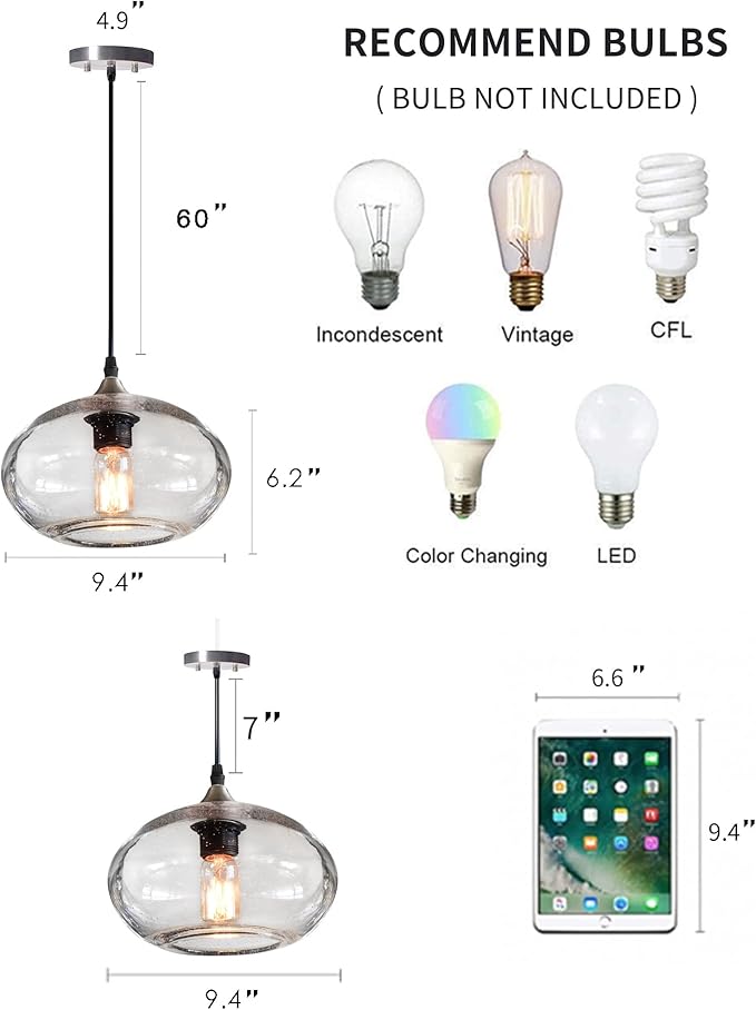 ARIAMOTION Pendant Lights Kitchen Island Hand Blown Glass Hanging Light Fixtures Modern Rustic Clear Seeded Bubble Sink Coffee Table Bedroom Dining Room Oval Lamp 9.4 inch Diam