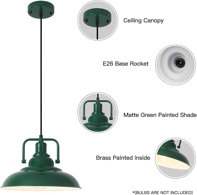 Farmhouse Pendant Light, 12.5inch, 3 Packs Green Kitchen Pendant Lights, Island Pendant Lights, Pendant Lights Kitchen Island, Pendant Light for Bedroom, Office, Kichen Sink, Library
