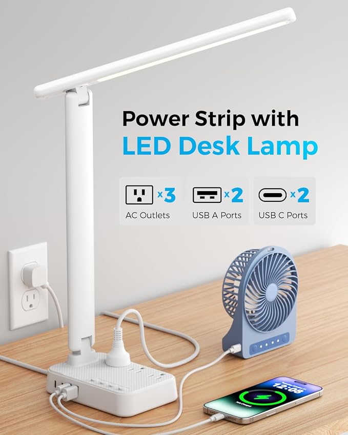 LED Desk Lamp with Power Strip, 3 AC Outlets, 4 USB Ports, Stepless Dimming | 2800K-6500K Color, 2 USB-C, Foldable Design, Timer & Memory, Study, Home Office & College Dorm, 5FT Cord