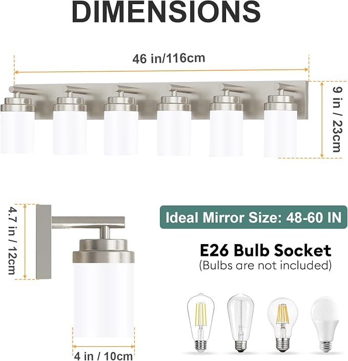 IZORRO Bathroom Vanity Light Fixture, 6-Light 46 Inch Brushed Nickel Bathroom Light Fixtures Over Mirror, with White Glass Shade, Modern Farmhouse Vanity Lights, Rustic Restroom Lighting Fixtures