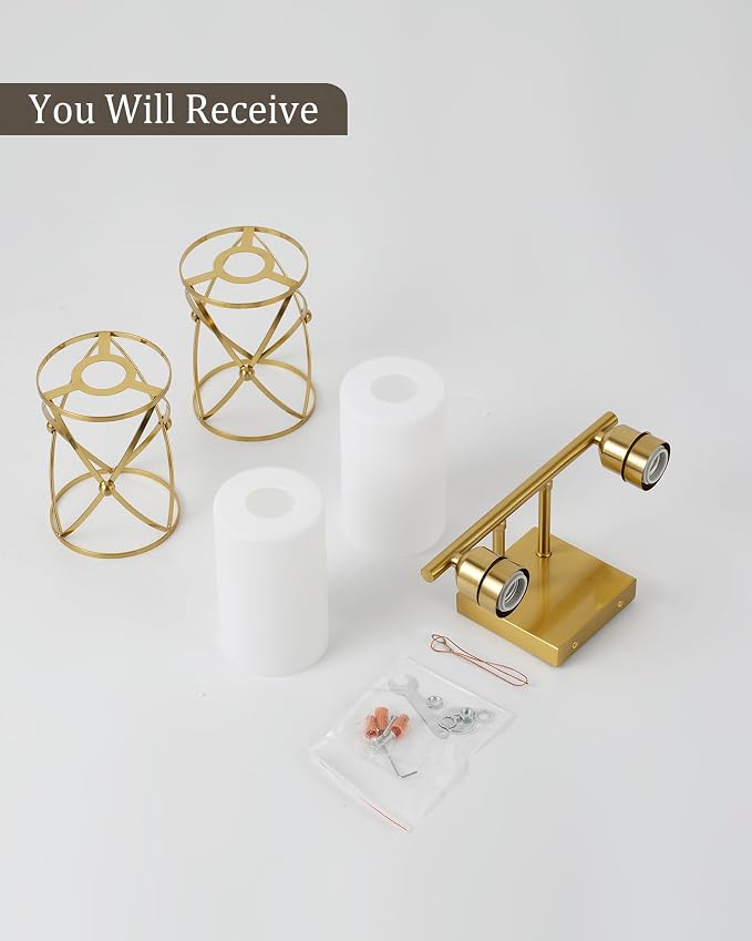 2-Light Brushed Gold Bathroom Light Fixtures with Milk Frosted Glass, 13.8" Modern Bathroom Vanity Lighting Fixtures Over Mirror with Metal Cage, Wall Sconce Lights for Bath, E26, CH9176BGW-2W