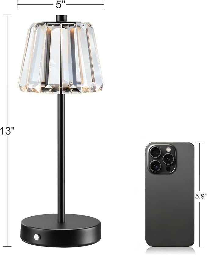 13" Small Crystal Cordless Table Lamp, Touch Rechargeable Desk Lamps | 3 Color Temps, Stepless Dimming, Black Portable Battery Operated LED Desk Lamps for Bedside, Nightstand, Kitchen, Patio, Gift