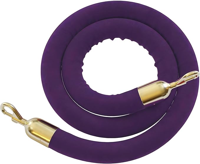 Montour Line Velvet Hanging Stanchion Rope Foam Core, 6 Foot Purple Rope with Polished Brass Snap Ends