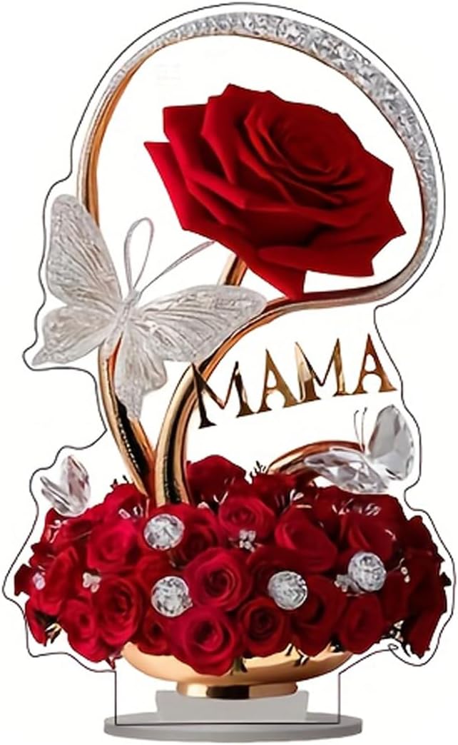 Rose Flower Ornament 2D Flat Acrylic Tabletop Present with Floral Butterfly Designs DIY Crafts Mothers Day Present Home and Office Desktop Ornaments Decorations Supplies