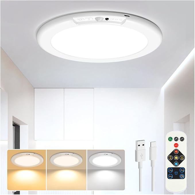 Rechargeable Motion Sensor Ceiling Light, Wireless Ceiling Lights Battery Operated Closet Light with Remote, 500LM 3000K/4500K/6500K, 0.55″ Ultra Thin Lights for Bathroom Hallway Pantry, 1 Pack