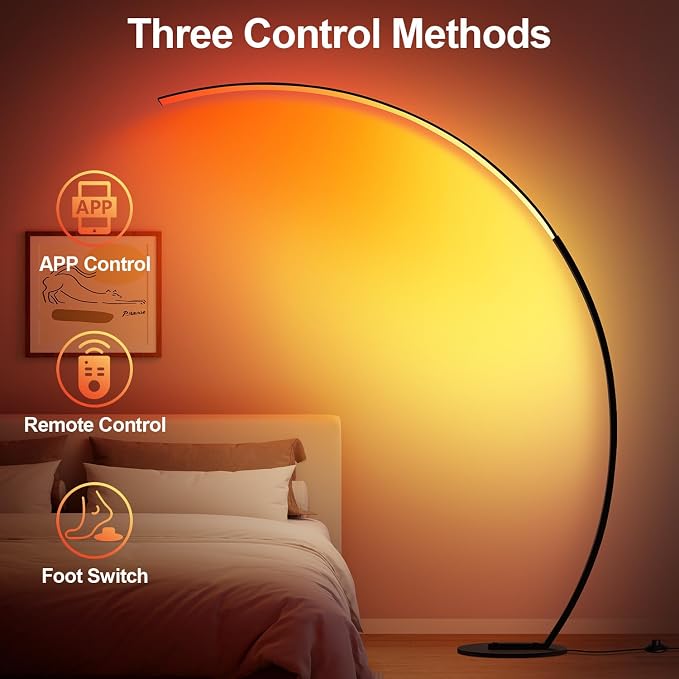 RGB Floor Lamp with 3 Color Temperatures, Ultra Bright 1800LM Smart Arc LED Floor Lamp with Remote Control, Music Sync, Scene Modes, Modern Standing Tall Lamp for Bedroom Living Room Gaming Rooms