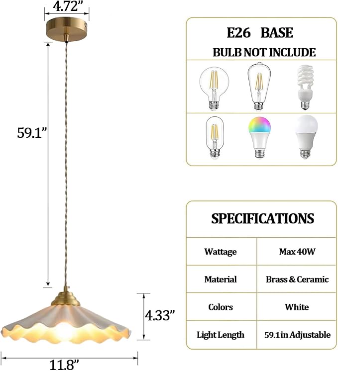 Ceramic Pendant Light, Vintage Pendant Light Fixture with Pleated Ceramic Lmapshade, White Porcelain Pendant Light, Hanging Light for Hallway Kitchen Island Dining Room, 11.8in