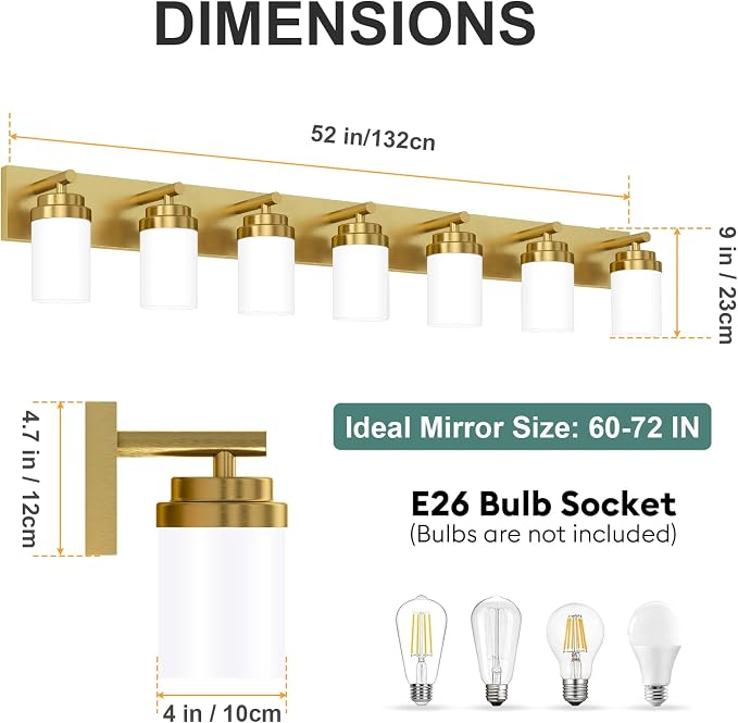 IZORRO Bathroom Vanity Light Fixture, 7-Light 52 inch Gold Bathroom Light Fixtures Over Mirror, with White Glass Shade, Modern Farmhouse Vanity Lights, Rustic Restroom Lighting Fixtures
