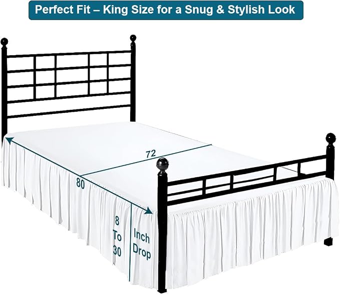 Shreem Linen Ruffled Bed Skirt with Split Corners, Gathered Style, 100% Microfiber, 24-Inch Drop, Dust Ruffle Bedskirt with Platform, King, White