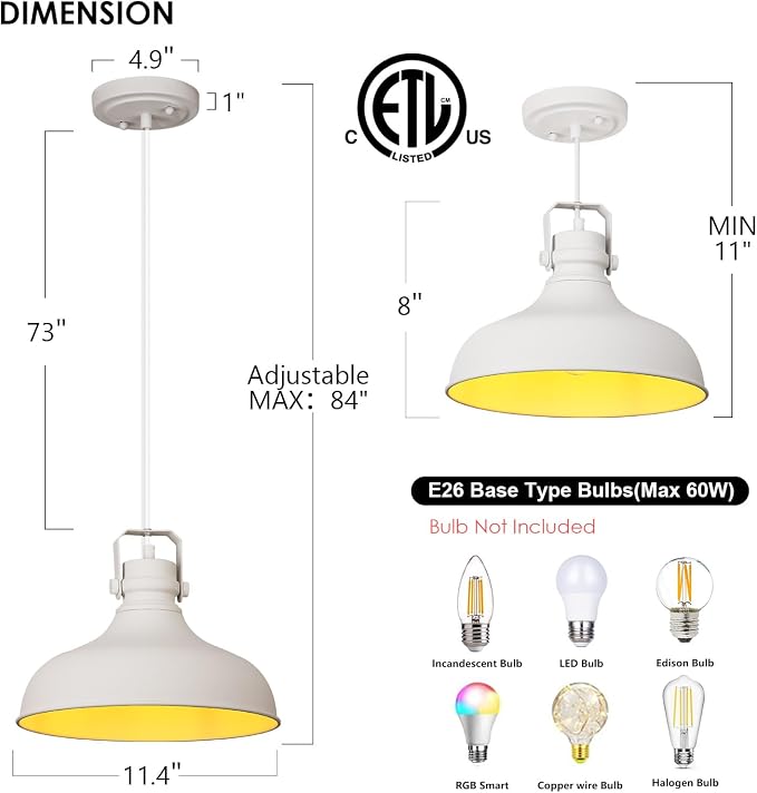 White Modern Pendant Lights Kitchen Island Fixtures | ETL Certificate,Industrial Adjustable Height Vintage Dome Hanging Light Fixtures for Barn,Dining Room 3 Pack