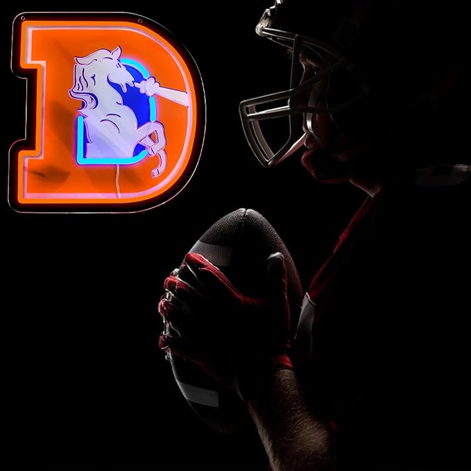 Broncos Football Neon Signs Led Sign for Wall Decor Rugby Team Light Up Sign Suitable for Man Cave Office Bar Pub Wall Art Gifts for Teen Boys