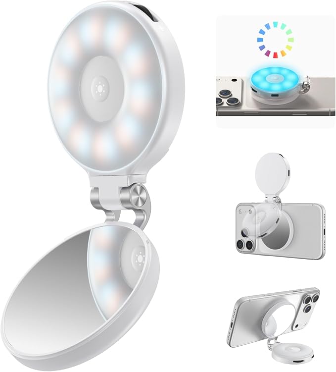 TELESIN Upgraded 4-in-1 Magnetic RGB Selfie Ring Light with Mirror & Phone Stand, Rechargeable Portable Clip On Fill Light for iPhone Samsung TikTok, Vlogging, Makeup, Photography, Streaming (White)