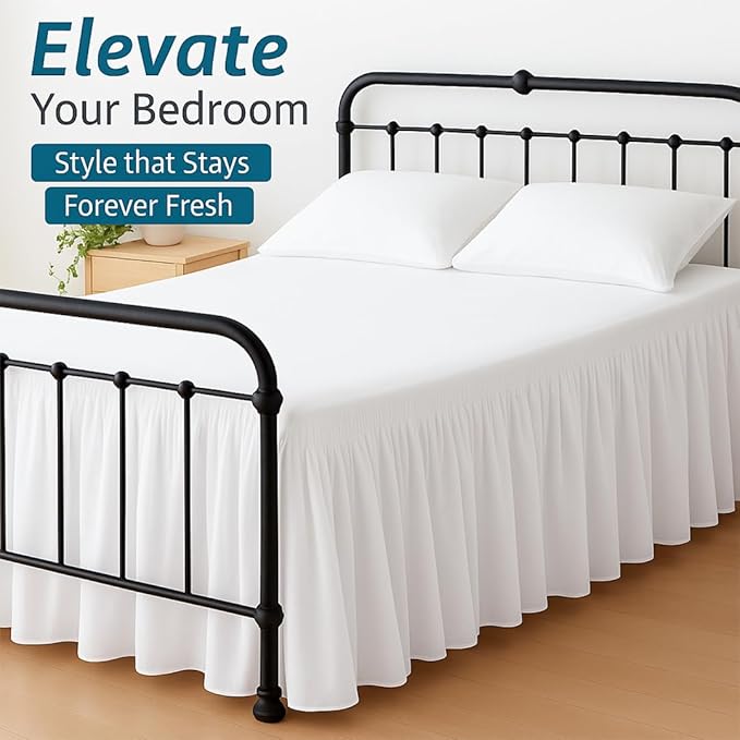 Shreem Linen Ruffled Bed Skirt with Split Corners, Gathered Style, 100% Microfiber, 12-Inch Drop, Dust Ruffle Bedskirt with Platform, King, White