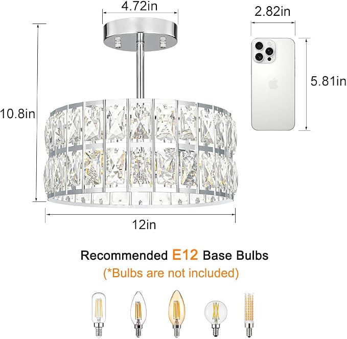 Lxybcce Chrome Crystal Ceiling Light, Modern Semi Flush Mount Ceiling Lighting, Hallway Lighting Fixtures, Small Chandelier Light Fixture for Kitchen Entryway Bedroom Dining Room, 3-Light, 12 Inch