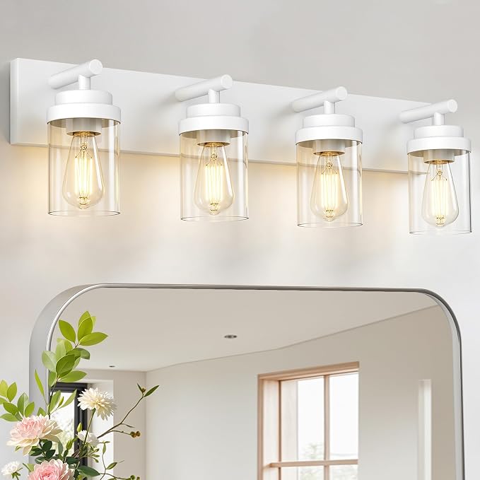 IZORRO Bathroom Vanity Light Fixture, 4-Light 30 Inch White Bathroom Light Fixtures Over Mirror, with Clear Glass Shade, Modern Farmhouse Vanity Lights, Rustic Restroom Lighting Fixtures
