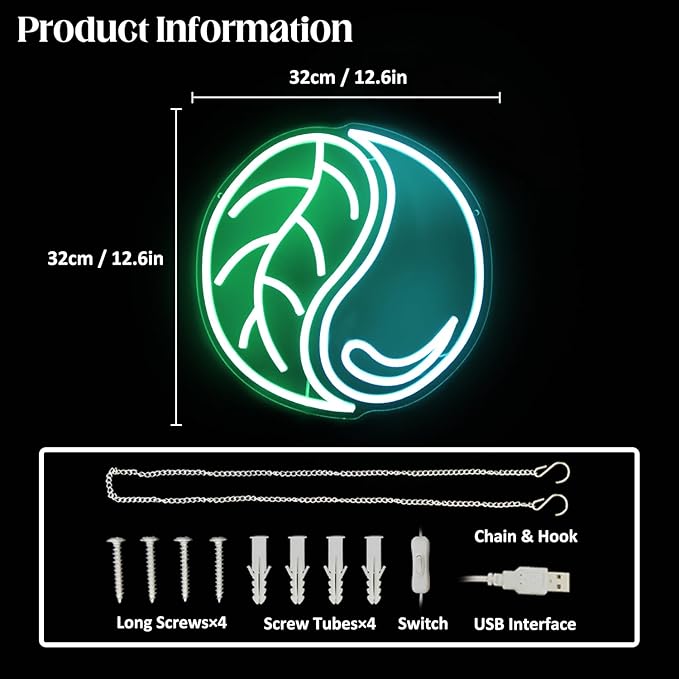 Yin Yang Neon Sign Green Leaf Neon Light Blue Water Drop LED Signs for Wall Tai Chi Neon Signs for Bedroom Neon Wall Sign Light Up Sign for Living Room Game Room Man Cave Office Decor