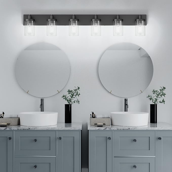 Aipsun 48in Vanity Light Black Bathroom Vanity Lighting Fixtures 6 Light Bathroom Light Fixtures with Clear Glass Shade(Exclude Bulb)
