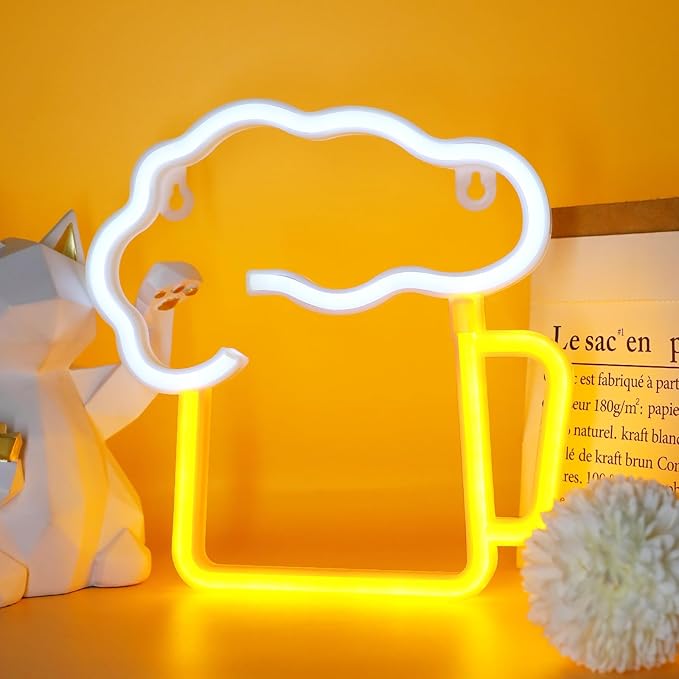ENUOLI Neon Beer Lights,Battery/USB Operated Night Lights,Yellow White Neon Signs for Wall Decor,LED Beer Signs for Man Cave,Bedroom,Bar,Nightclub,Holiday Celebration Party Decor(8.6''x8.6'')