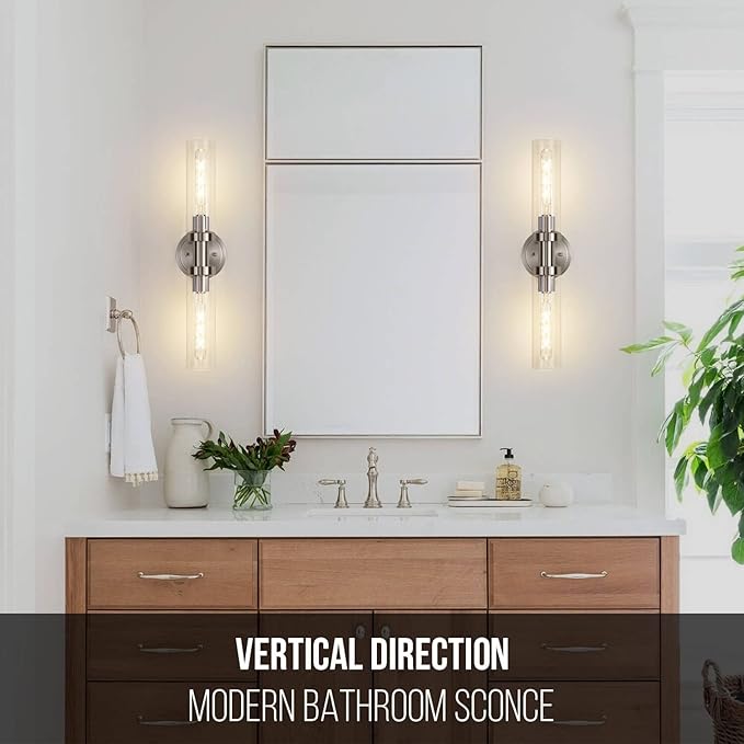 Brushed Nickel 2-Light Bathroom Vanity Light Fixture, Modern Bathroom Sconces Wall Lighting W/Clear Glass Shade, Horizontal and Vertical Wall Mount Lamp for Mirror Hallway Kitchen