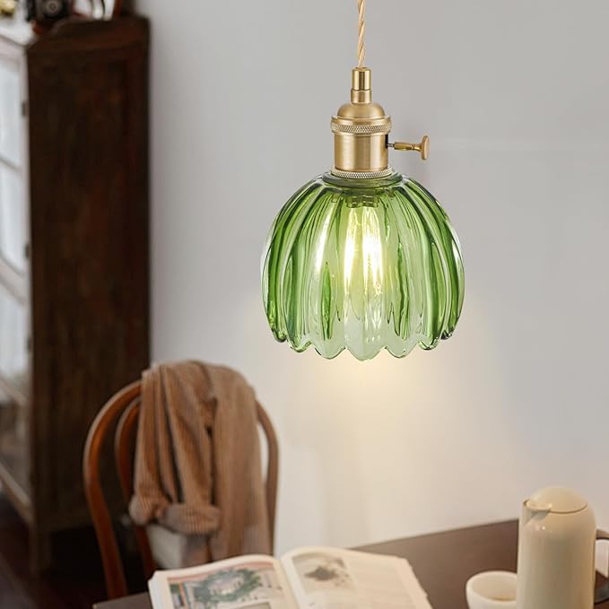 Mini Pendant Lights Kitchen Island 2 Pack, Small Adjustable Pendant Light Fixture with Green Tulip Glass Lampshade, Vintage Gold Pendant Lighting, Pendant Light for Bedroom Dining Room Hallway