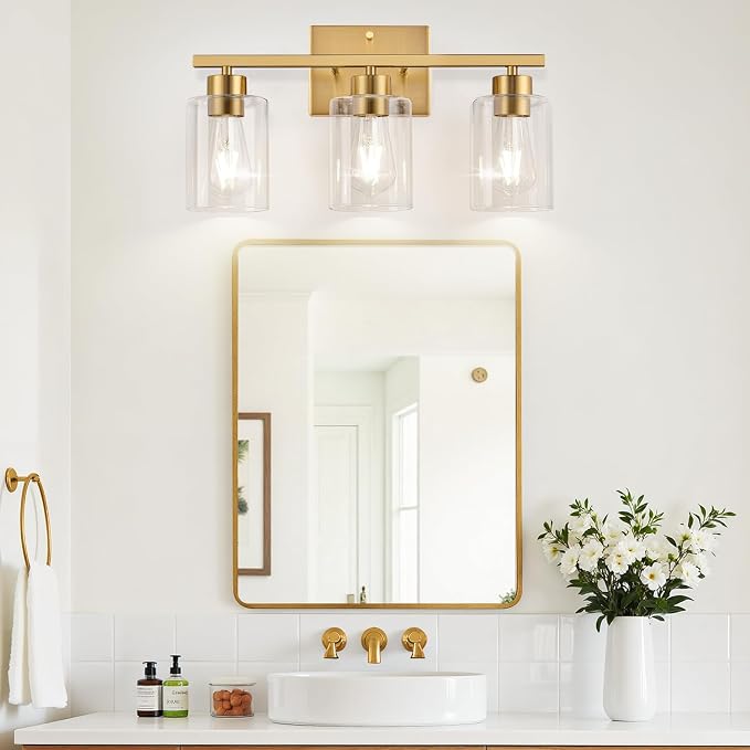 3-Light Brushed Gold Bathroom Vanity Light, Modern Bathroom Light Fixture with Clear Glass Shades, Wall Sconce for Mirror, Kitchen, Bedroom, Living Room, Hallway