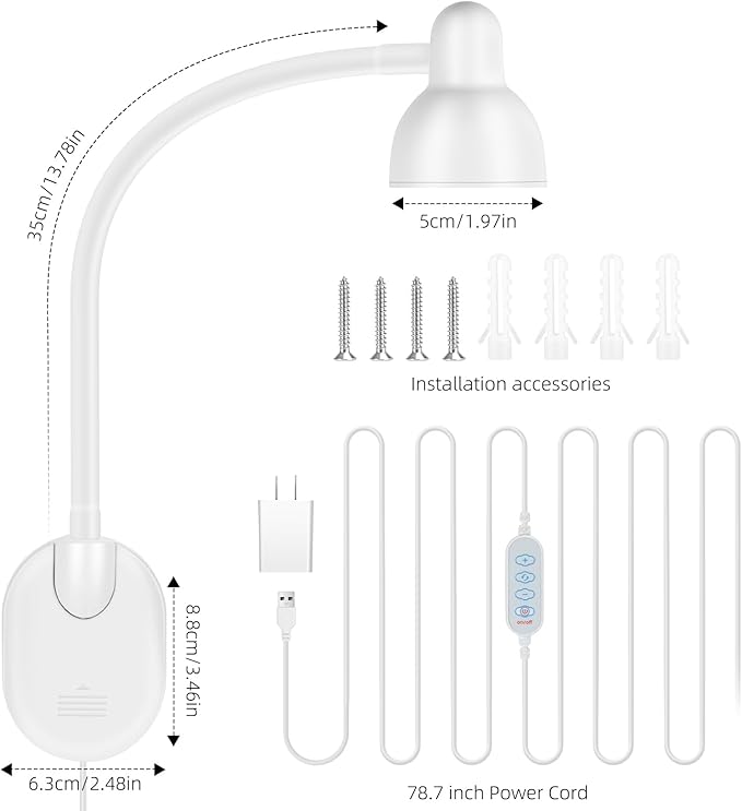 Wall Mounted Reading Light, LED Wall Bedside Lamp with Adapter White | 5 Color 10 Brightness,Plug-in Adhesive Wall Reading Lights for Books in Bed, Auto-Off Timer Wall Lights for Bedroom Headboard