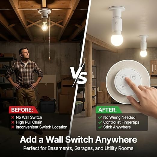 LoraTap Remote Control Light Socket, Wireless Light Switch for Pull Chain & Bare Fixtures, Wall Mount, 100ft Range for Closet, Basement & Garage, E26 E27 Adapter, No Wiring (1 Remote + 2 Sockets)