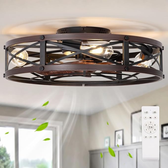 SHLUCE 22" Fandelier Caged Ceiling Fan with Light, Rustic Low Profile Bladeless Ceiling Fans with Lights and Remote, Farmhouse Flush Mount Ceiling Fan with Light for Kitchen, Bedroom, Brown - ETL