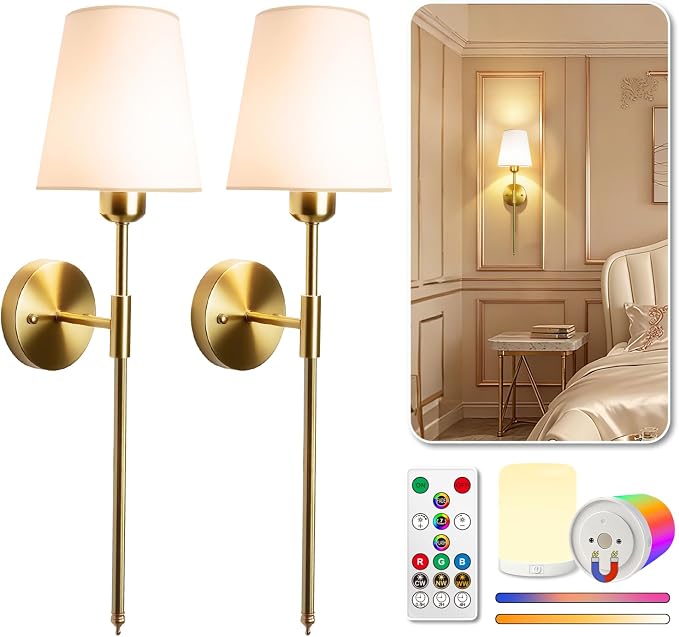 Adetu Wall Sconces Set of 2, Battery Operated Wall Sconce | 10000mAh Magnetic Bulbs and Remote, RGB & 5%-100% DimmableRechargeable Wall Lights for Bedroom Living Room Hallway Decor
