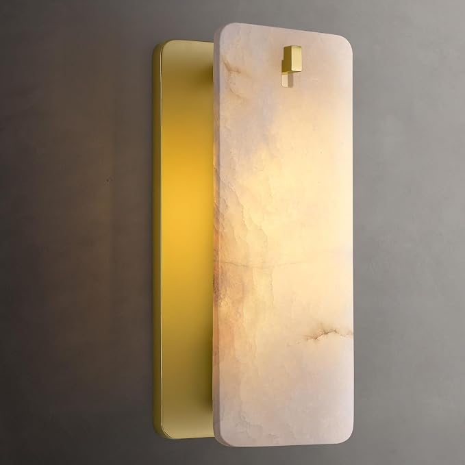 12 Inch Alabaster Wall Sconce, Natural Spanish Stone Brass Gold Wall Light, Modern Marble Sconces Dimmable E12 Hardwired Rectangular Vanity Light Fixture for Bathroom Mirror, Hallway Corridor(1 Pcs)