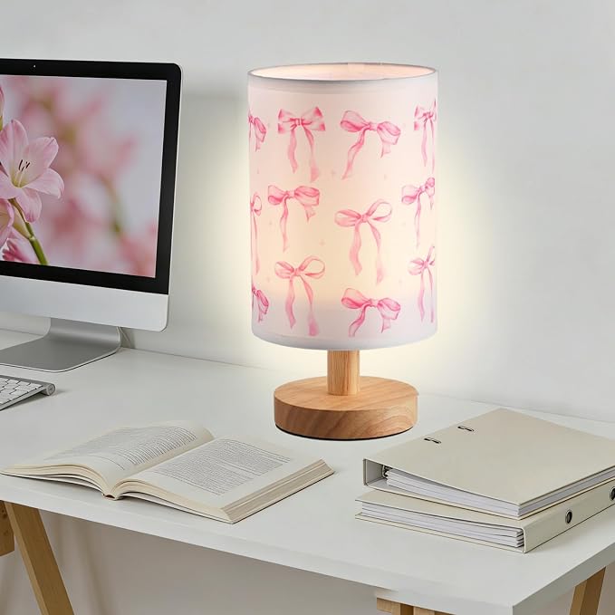 Lonfliness Pink Bow Kids Table Lamp Kids Bedside Lamp Bedroom LED Night Light with Linen Wooden Nightstand Cartoon Nursery Lampshade for Girls Boys Living Room