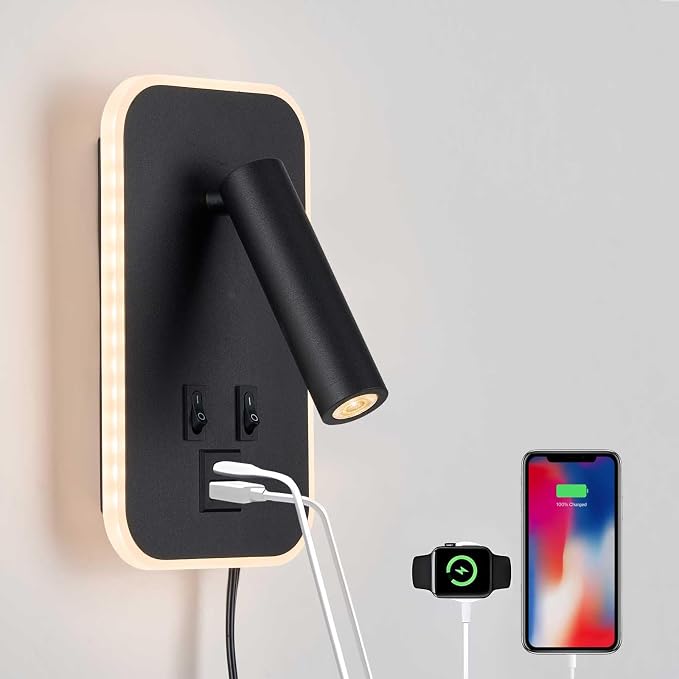 Bed Reading Light, Wall Mounted Reading Fixture with USB C+A Ports, Adjustable Headboard Sconces, Plug-in or Hardwired Bedside Lamp, Modern Black 10W+3W 3000K Warm Ambient lighting for Bedroom