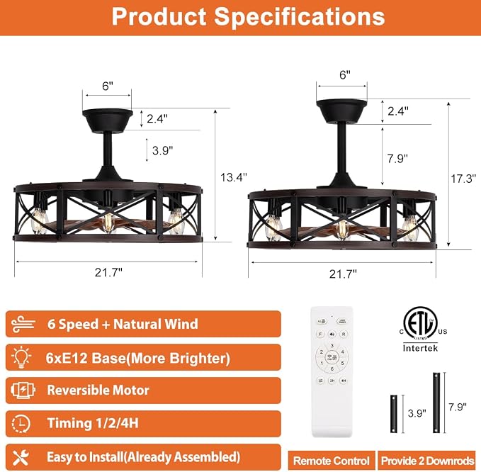 SHLUCE 22 Inch Farmhouse Caged Ceiling Fan with Light, Brown, ETL Listed | Rustic Fandelier Design, Remote Controlled, Quiet Operation, Energy Efficient, Ideal for Kitchen & Bedroom Indoor Use