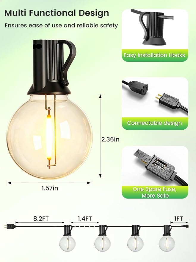LACHON Outdoor String Lights Waterproof 25 FT with 12 G40 IP65 Bulbs | Dimmable,Connectable,Shatterproof,2700K Warm White,Perfect For Any Outdoor Space,Patio,Backyard,Cafe,Bistro,Porch,Market