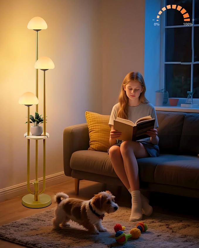 3 Light Mushroom Floor Lamp with Shelf, Dimmable Gold Floor Lamp with Bulbs Included, 3000K Warm White Modern Standing Tall Floor Lamp for Living Room Bedroom Reading Sofa Beside Corner Decor