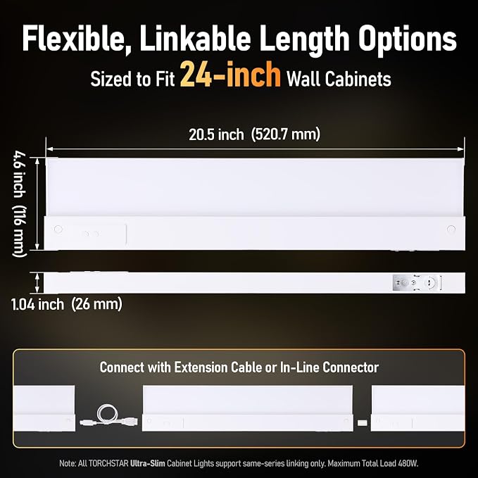 TORCHSTAR 2-Pack Ultra-Slim LED Under Cabinet Lighting Fits 24" Cabinets | 5CCT, Hardwired & Plug-in, 16W 1200LM, 120V CRI90 Linkable Dimmable Thin Under Counter Lights for Kitchen, ETL T24, White